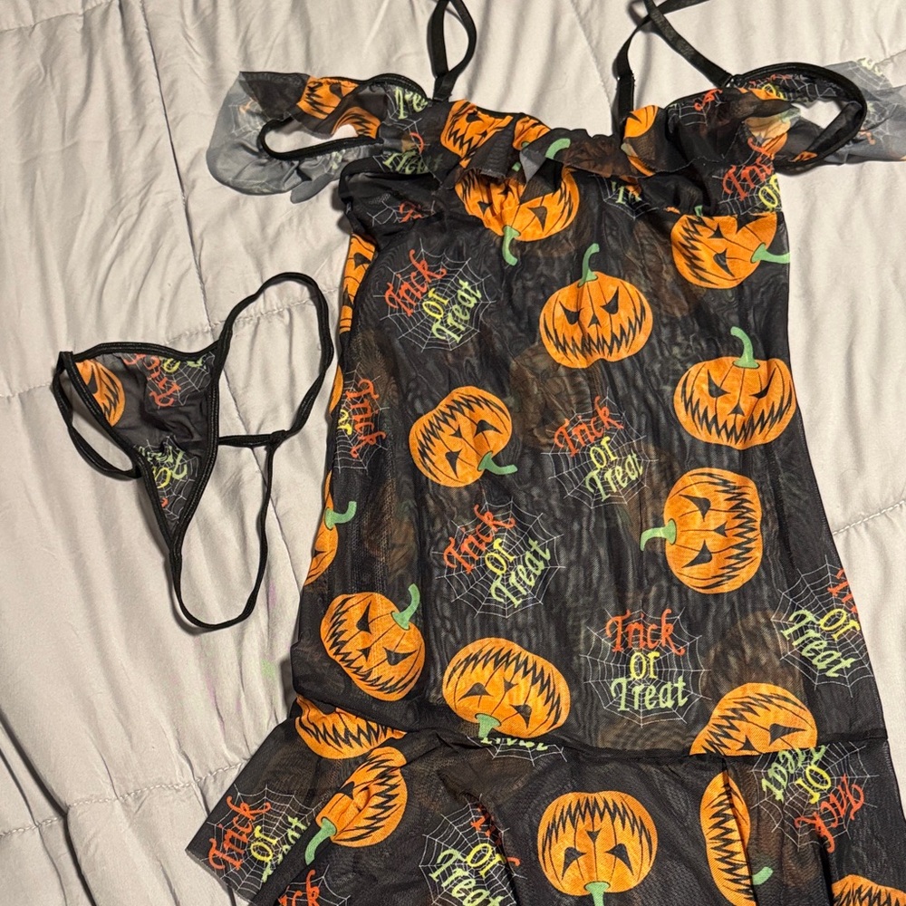 Halloween Pumpkin Mesh Lingerie Set - Black & Orange